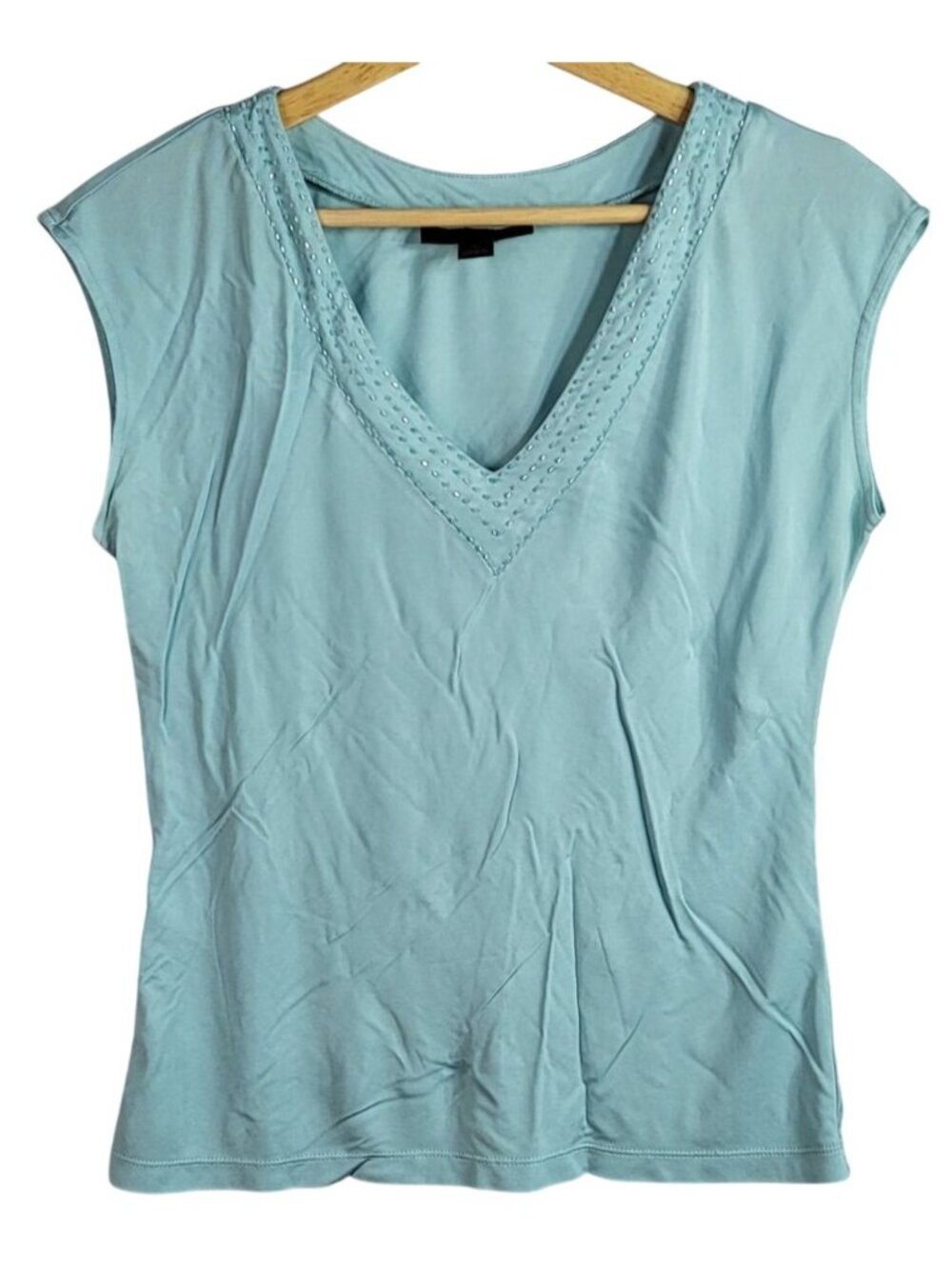 Express Design Studio Women Beaded Top Blue Green Medium VNeck Pullover Delicate